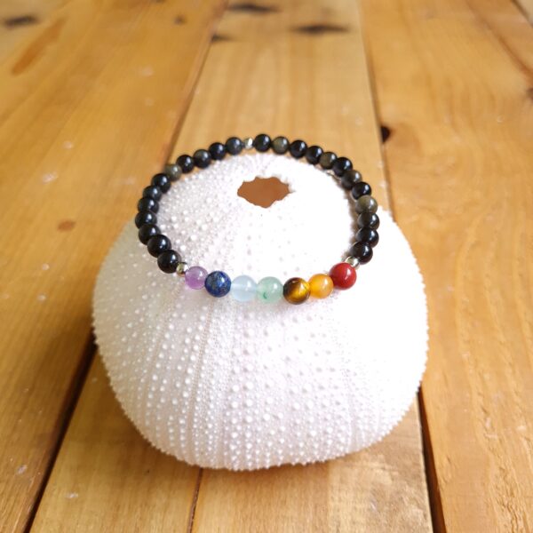 Bracelet 7 chakras obsidienne dorée